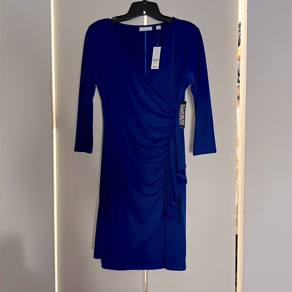 New York & Company Royal Blue Faux-Wrap Ruched Dress